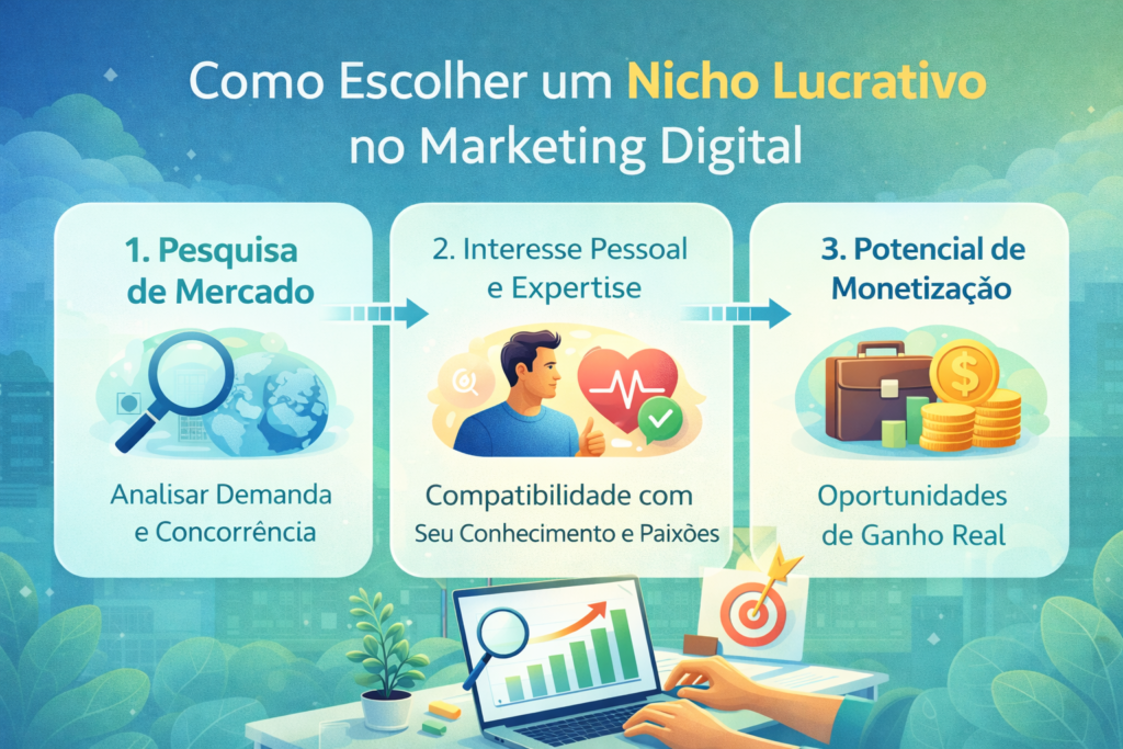 como escolher um nicho lucrativo no marketing digital analisando pesquisa de mercado, interesse pessoal e potencial de monetização