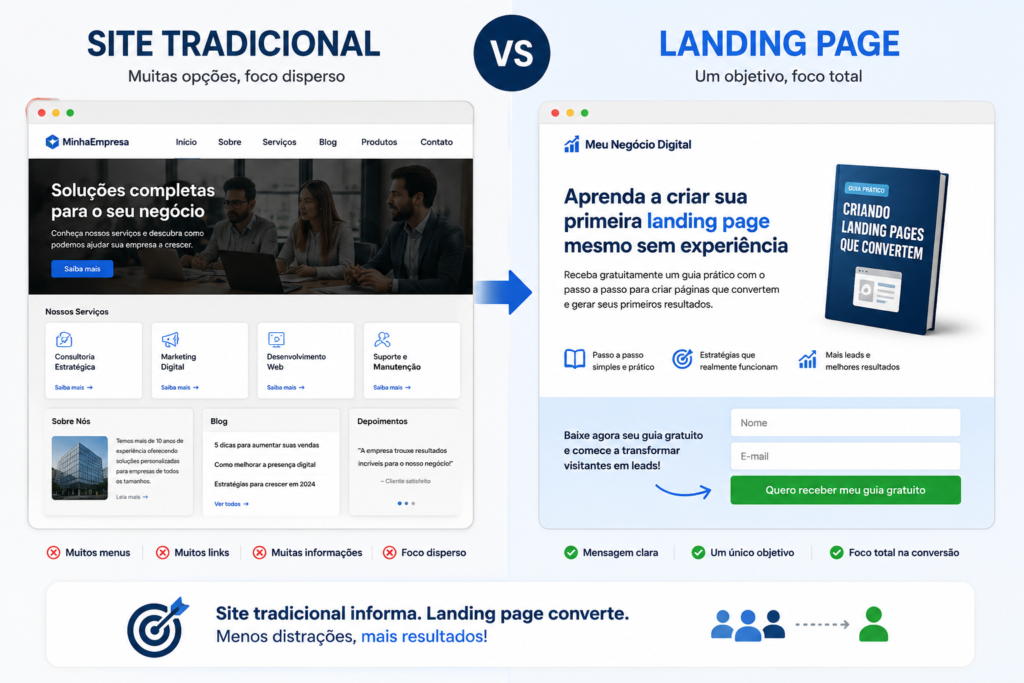 Comparação entre um site tradicional e uma landing page mostrando que a landing page possui apenas um objetivo de conversão.
