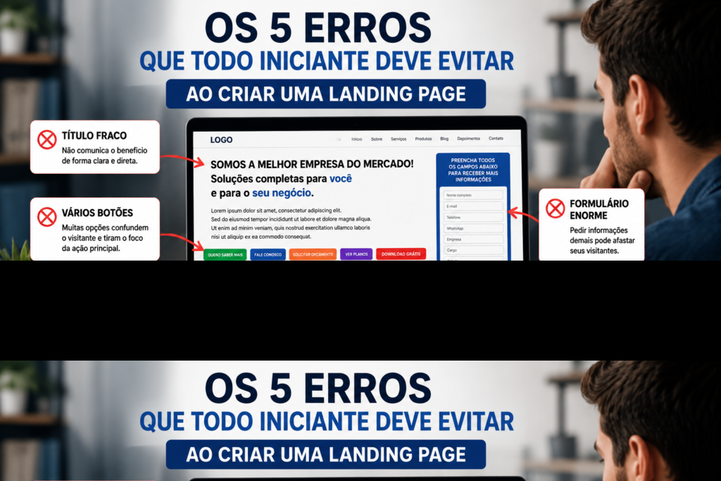 Ilustração mostrando os principais erros cometidos por iniciantes ao criar uma landing page.