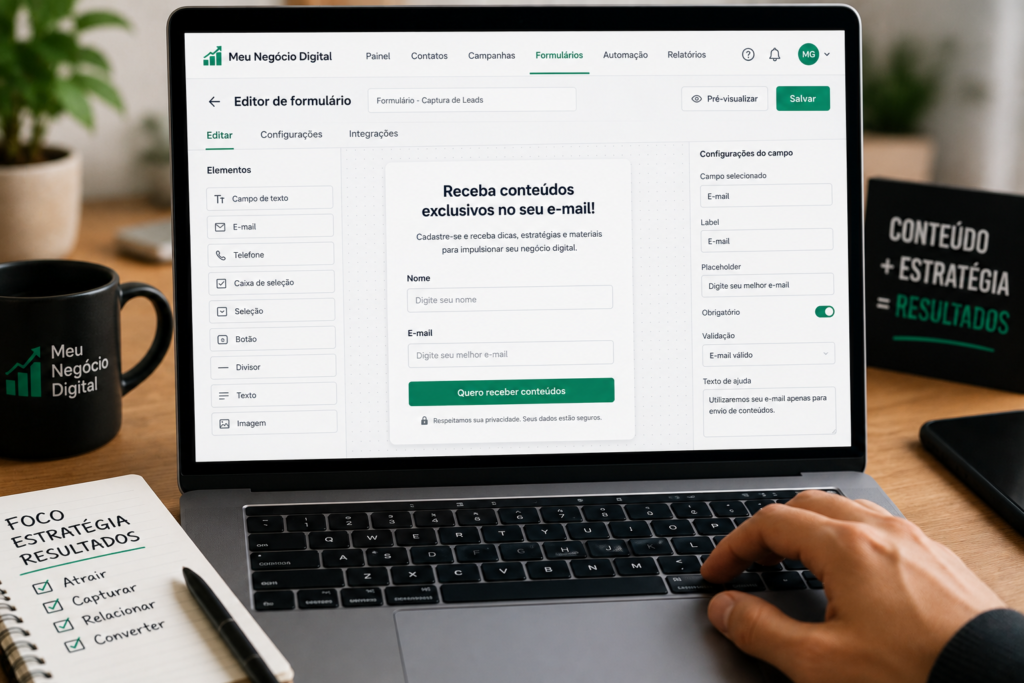 Criação de um formulário para capturar leads em uma plataforma de marketing digital.